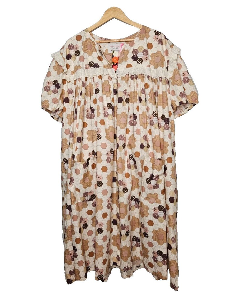 DEAR ABIGAEL Smock Dress O/S Button Up Short Sleeve Retro Style House Dress Mumu